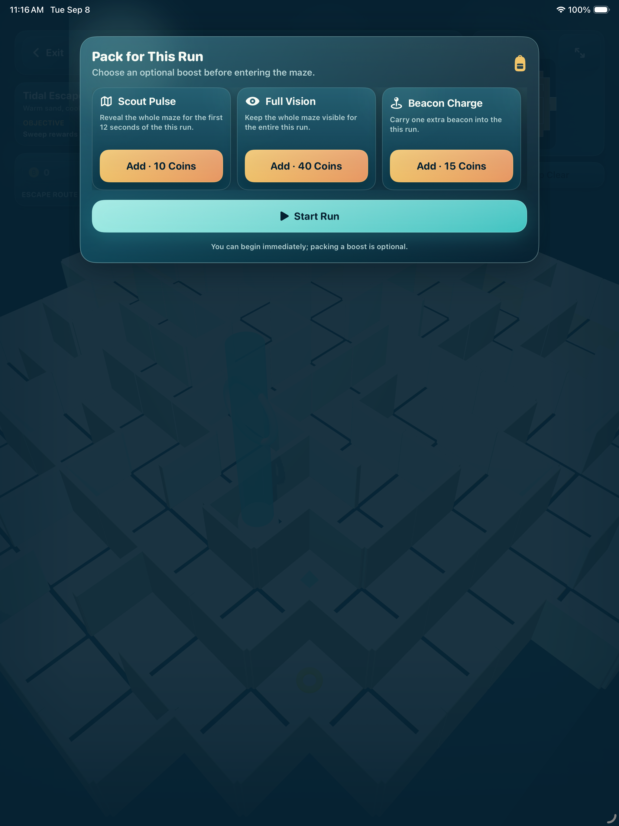 Trail Supplies screen on iPad in the Tidal Escape theme.